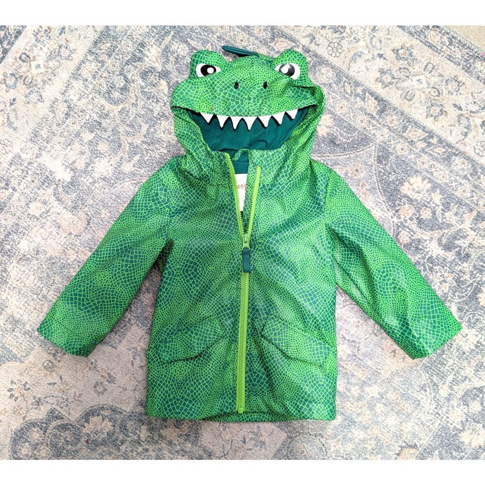 Cat & Jack Lined Dinosaur Rain Coat Size 18M Green Jacket Hooded Dino Costume